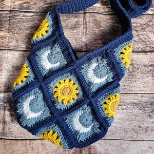 Crochet Knit Sun Moon Granny Square Hippie Cross Body Bag