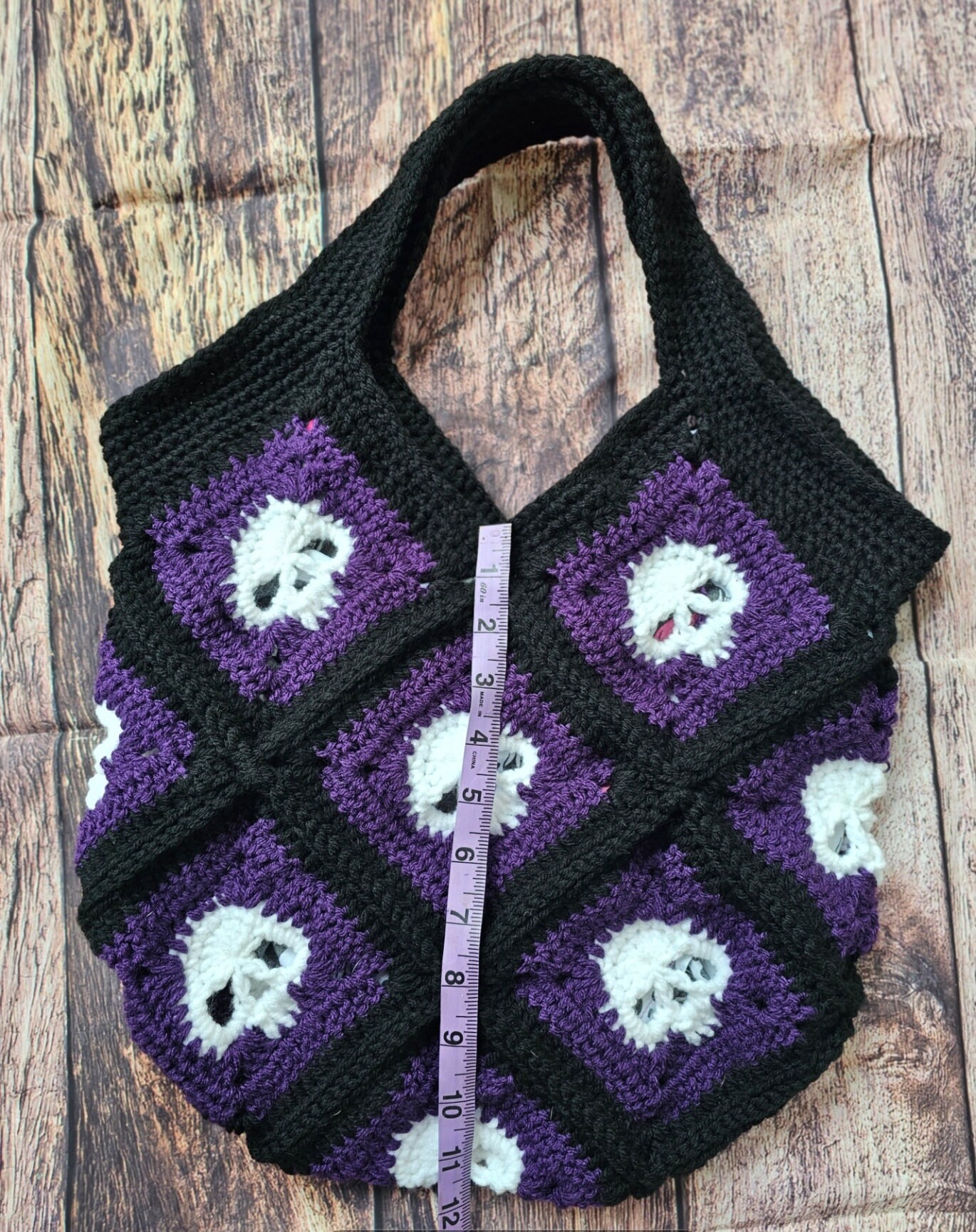 Handmade Crochet Skull Granny Square Tote Bag Purse, Tiktok Bag 