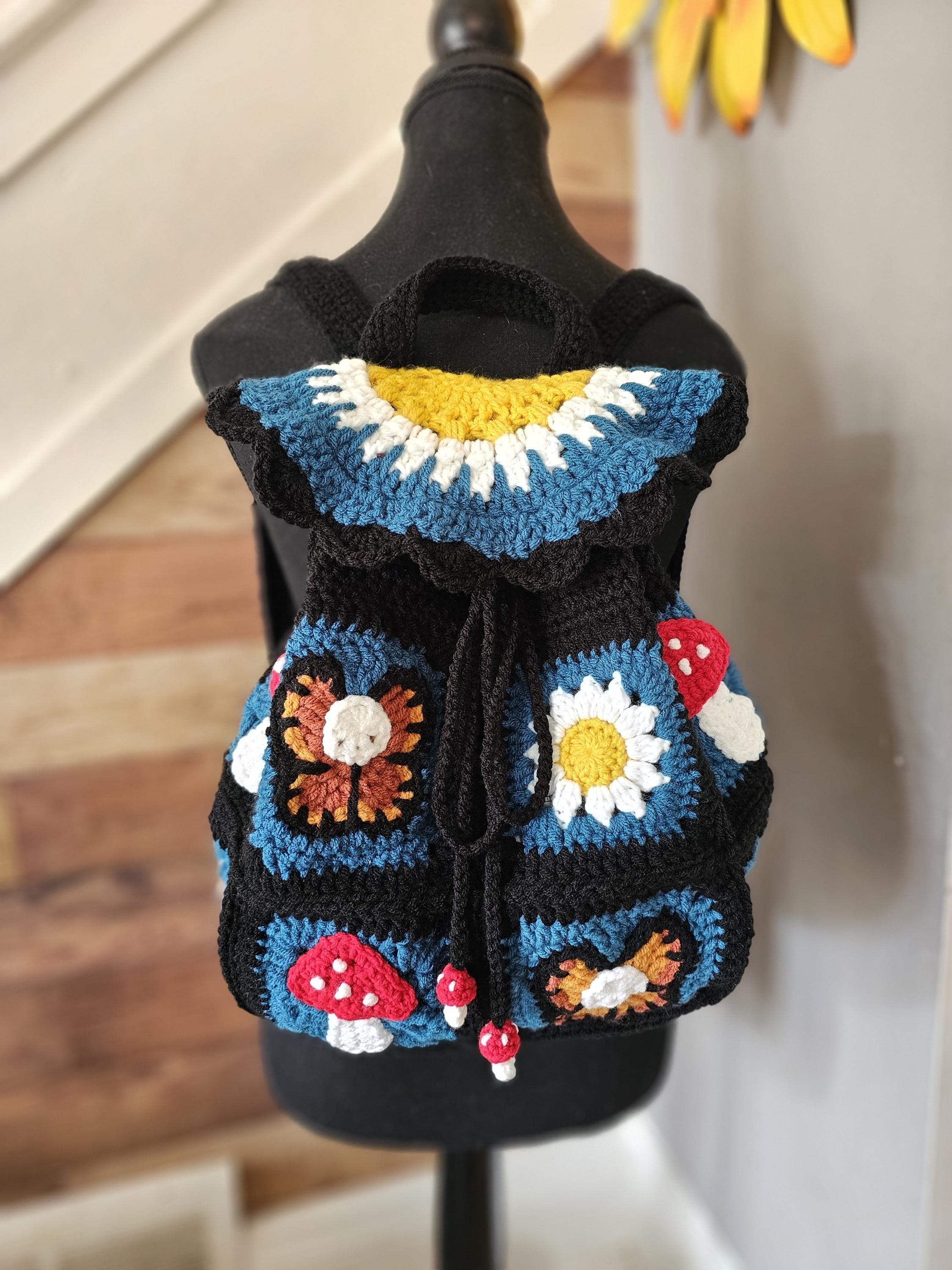 Cottagecore Backpack, Crochet Bag, Small Backpack, Mushroom Bag, Deathshead Moth, Witchcore Bag, Crochet Backpack