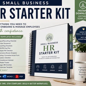 May include: A spiral-bound HR Starter Kit manual with a white cover, dark blue accents, and text reading Small Business HR Starter Kit. The kit includes 14 templates for hiring, onboarding, and managing employees, with tabbed dividers and icons.