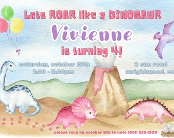 Printable Girl Dinosaur Birthday Invitation Editable Instant Download