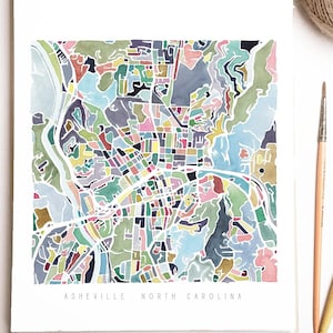 Asheville, Caroline du Nord, plan de la ville | Art mural abstrait de Caroline du Nord | Aquarelle du sud