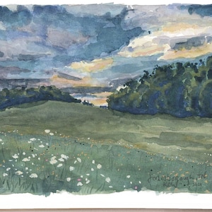 Tennessee sunset watercolor | Wildflower landscape painting | Field view