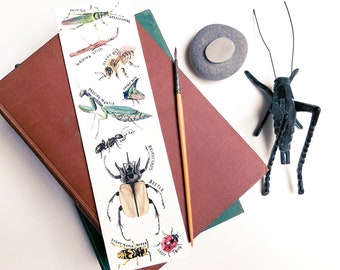 Watercolor Insect Bookmark: Bee, Beetle, Ladybug Nature Art