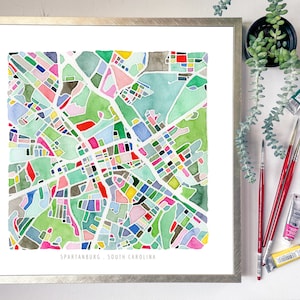 Spartanburg, Caroline du Sud, carte | Aquarelle de Caroline du Sud | Cadeau de pendaison de crémaillère