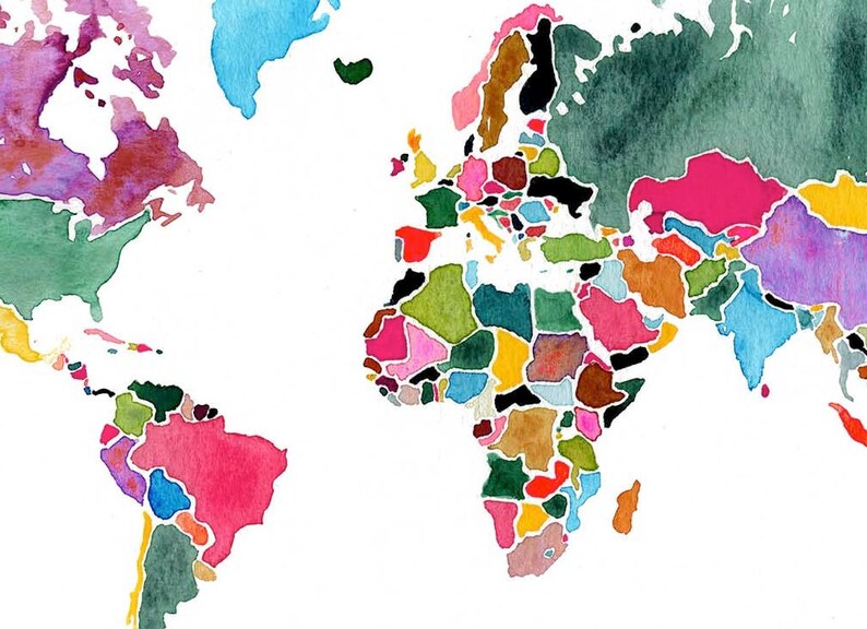 World Map Watercolor Art | Colorful Countries and Continents ...