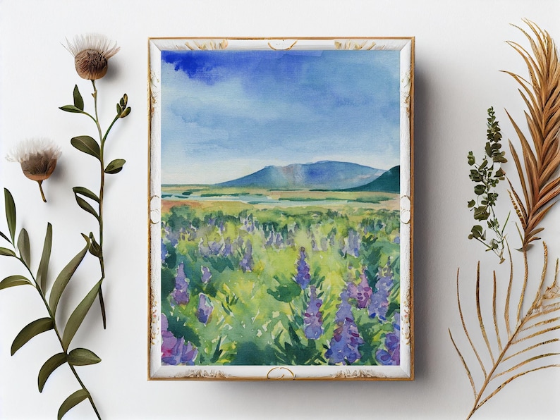 Iceland Lupine Field Watercolor Print: Landscape Painting