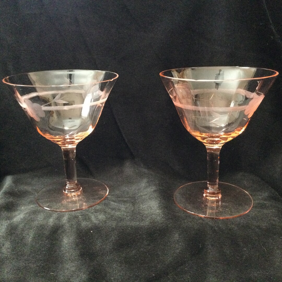 Pair of Vintage Etched Pink Depression Wine Glasses Etsy