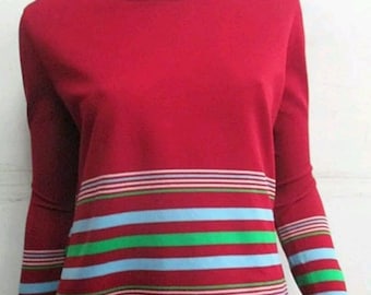 Pull Vintage Blanc à Rayures Bleues Et Rouges Taille S-M - Occasion Excellent état - Manches Courtes Col Rond