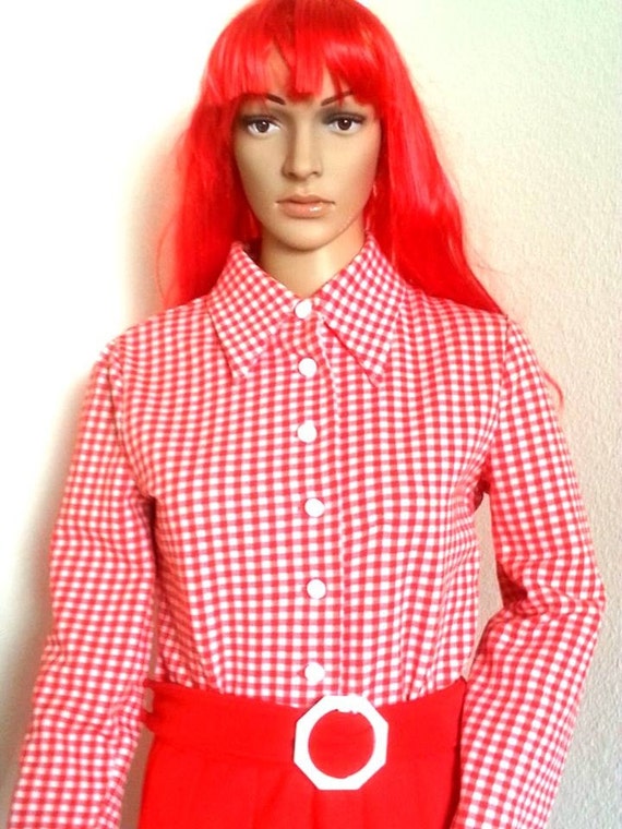 1960s/70s Gingham Shirt Style Pointy Collar Long … - image 2