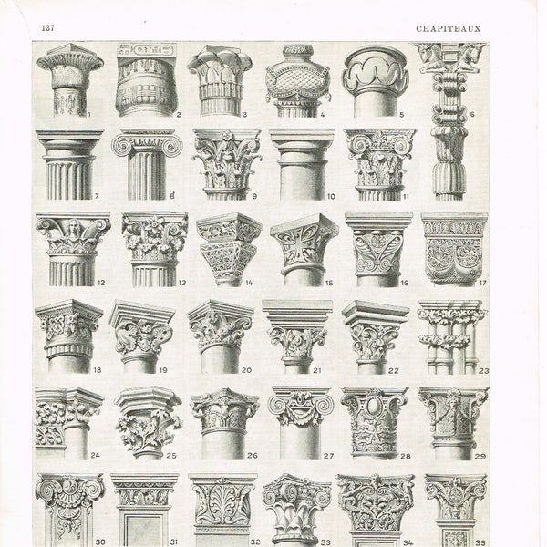 Black and White Digital Download Print Vintage French Larousse Lithograph Architectural Capitals Chapiteaux 1920 Monochrome BUY 2 GET 1 FREE