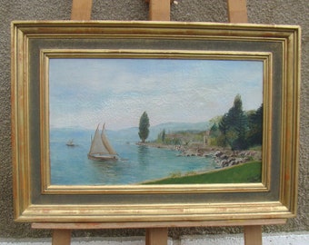 Emile DUMONT  Painting of Italian Lake  1909s Edwardian Era Oil on canvas, Well Known, French Impressionist artist Beautifuly Gilt  Framed