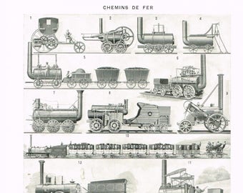 Zwart-wit digitale download print Vintage Franse Larousse digitale lithografie spoorwegen Chemin de Fer 1920s boekplaat KOPEN 2 KRIJG 1 GRATIS
