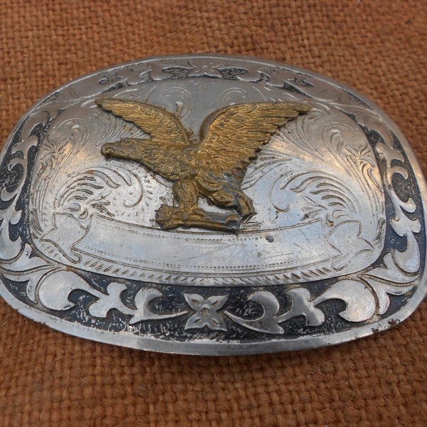 Large Belt Buckle Plaque Decorative With USA Eagle Vintage Item With Broken Pin On Back so For Use As Project Etc 4 x 3 inches