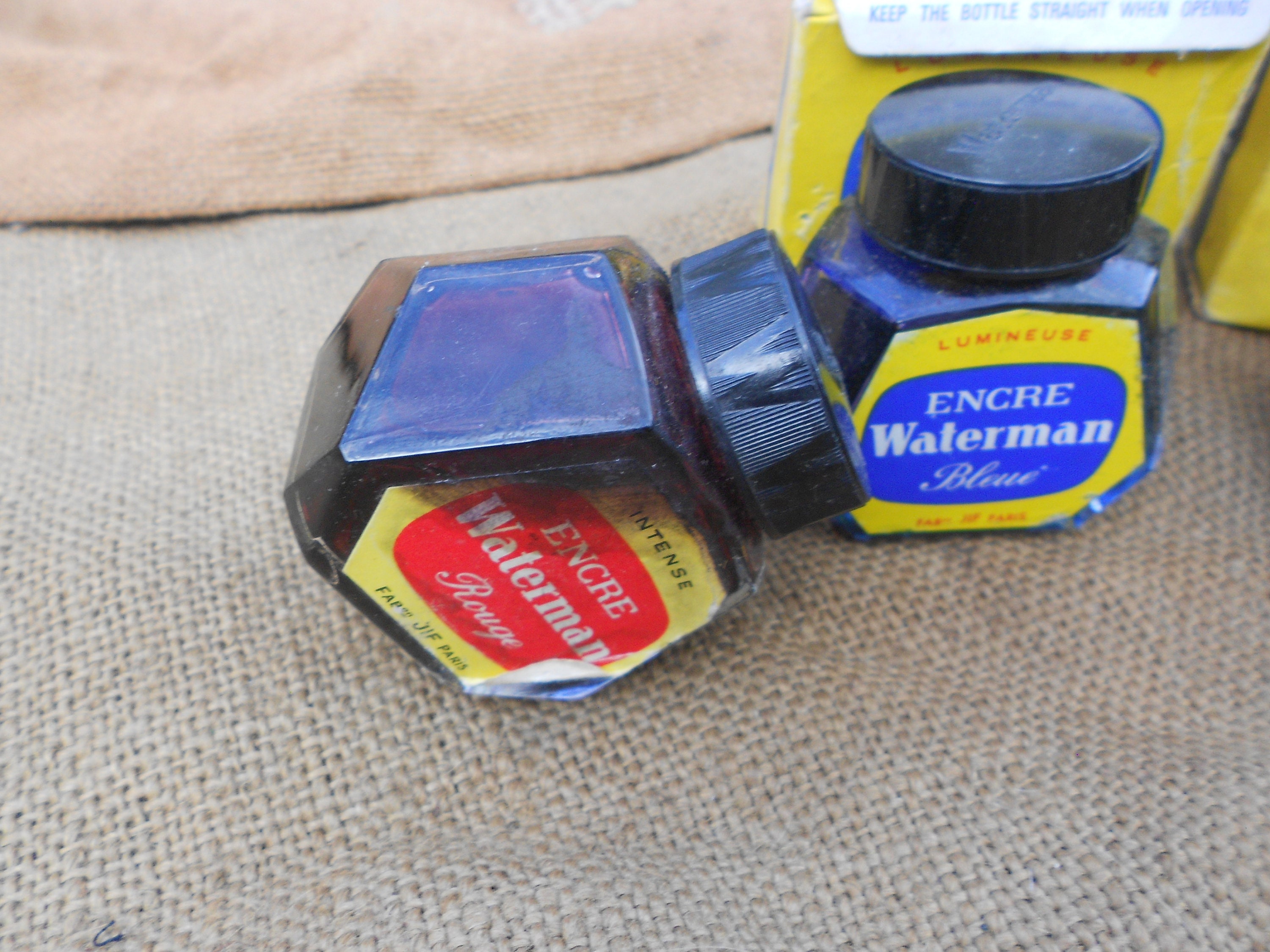 3 Vintage French Bottles of Pen Ink WATERMAN Black Blue and Red 1940s Encre  Noir Bleue Rouge Paris France Glass Ink Well Pen Salvage France 