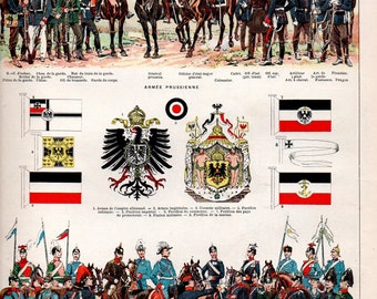 Original Vintage Full Colour French Larousse Print Lithograph showing Map of Imperial Russia Military Uniforms, Flag 1897 World War One