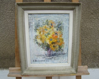 Huile sur toile, magnifique tournesol jaune peint, nature morte florale vintage des années 1981, signée Y Boccard, 40 x 40 cm, belle couleur