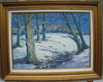 Huile sur toile traditionnelle, arbres dans la neige, nature morte vintage 1982, signée GRIB, superbe image en couleur bien encadrée, 60 x 40 cm
