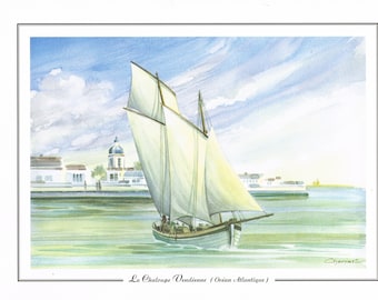 Vintage French Sailing Boat Print, 30 x 40 cm, 12 x 16 inches La Chaloupe Vendeenne, Ocean Atlantique. A Print by Pascal Chanier