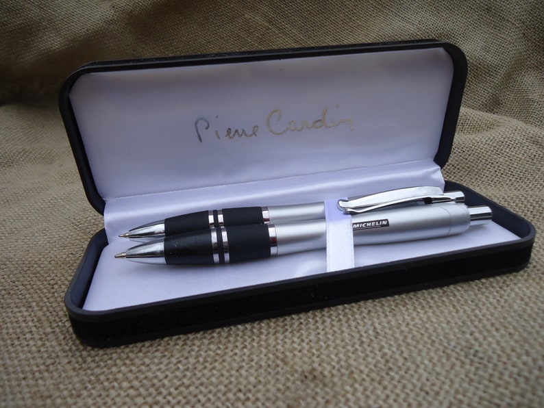 Pair of Ballpoint Pens Original French Vintage PIERRE CARDIN Pens in its Original Box MICHELIN Advertising Pens from Paris Designer France