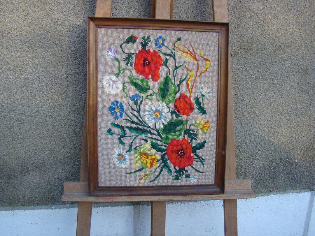 Tapestry Finished Vintage French Needlepoint Canvas in a Traditional Floral Still Life Style