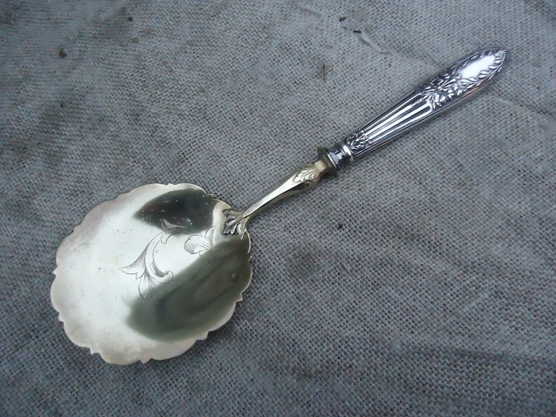 Fruit Spoon Scoop Vintage French Hallmarked Silver Plated and Vermeil Art Nouveau Style Large Dessert Fruit Serving Utensil Chateau Style