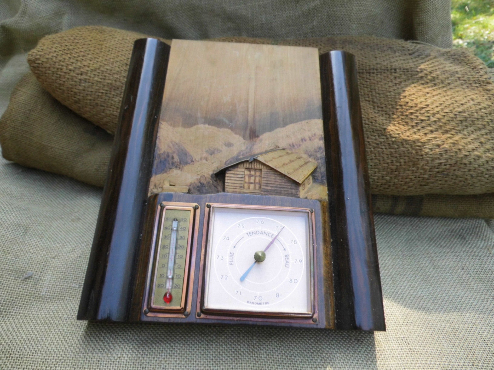 Beau Baromètre Vintage Style Alpin Français ou Suisse Sculpté Thermomètre et Le Des Années 1950 Pyro