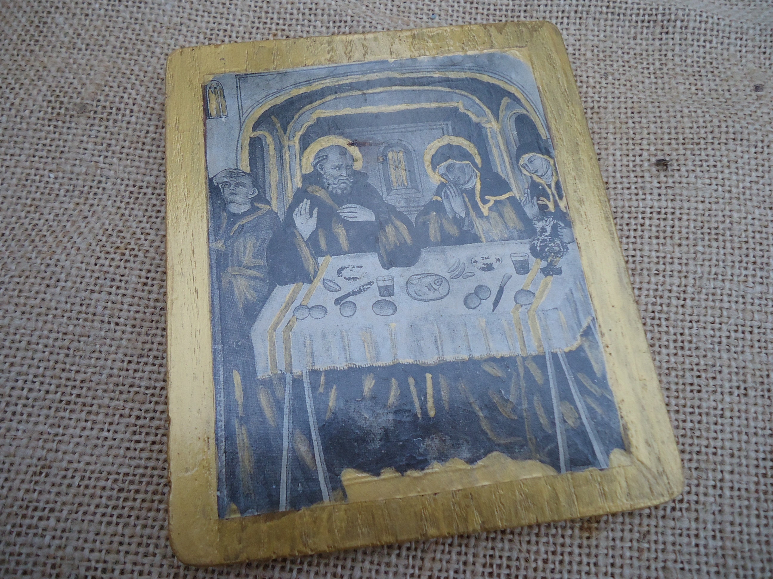 Vintage Français Icône de Jésus Reproduction d'ancienne Byzantine ou Hagiographie Souvenir Église Or