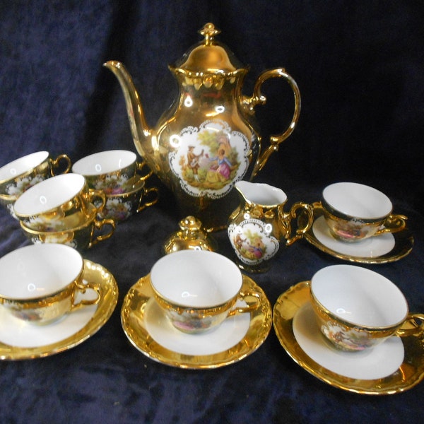 French Style Coffee Set Vintage Fragonard Design 24 Karat Gold Tea Coffee Set Fine Bone China Bavaria Porcelain Gilt Tray Tea Service