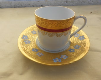 LIMOGES Taza de Café Vintage Demitasse DARTIGEAS Granate, Azul y Oro Limoges Porcelana 22 Quilates Oro Decoración Verde Limoges Sello