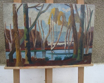 Original Oil on Canvas Painting of Lakeside Trees Vintage French Expressionist Oil signed by the French artist V R Attributed Vincent Roux