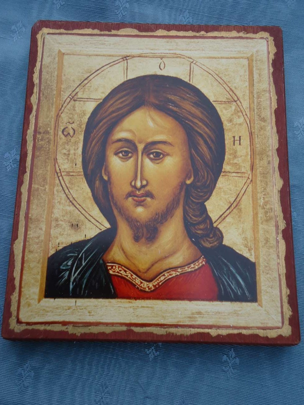 Vintage Français Icône de Jésus Reproduction d'ancienne Byzantine ou Hagiographie Souvenir Église Or