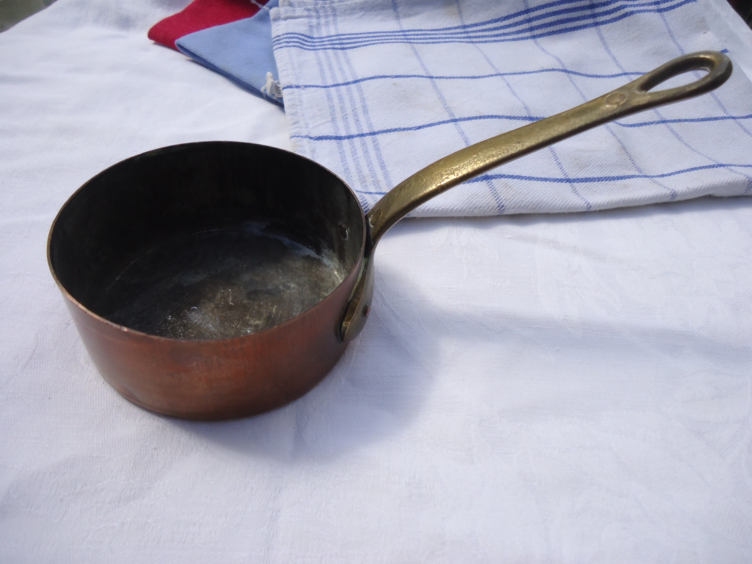 Copper Pan Vintage Français Copper Chefs Riveted Brass Tinned Liner 4 in Or 10 cm Diameter 1960S Tra