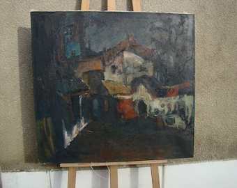 Grande et impressionnante peinture originale à l'huile sur toile d'une ville française à flanc de colline. Huile sur toile expressionniste, signée en bas à droite KO...H