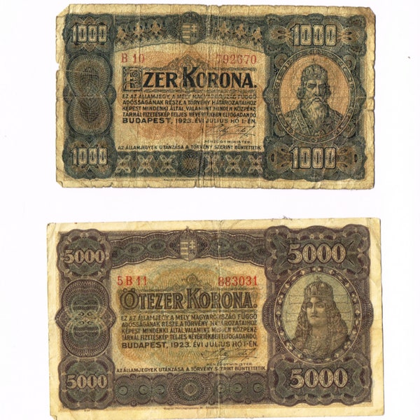 Hungarian Banknotes 1923 5000 and 1000 Korona Otezer Korona Ezer Korona Vintage French Chateau Find