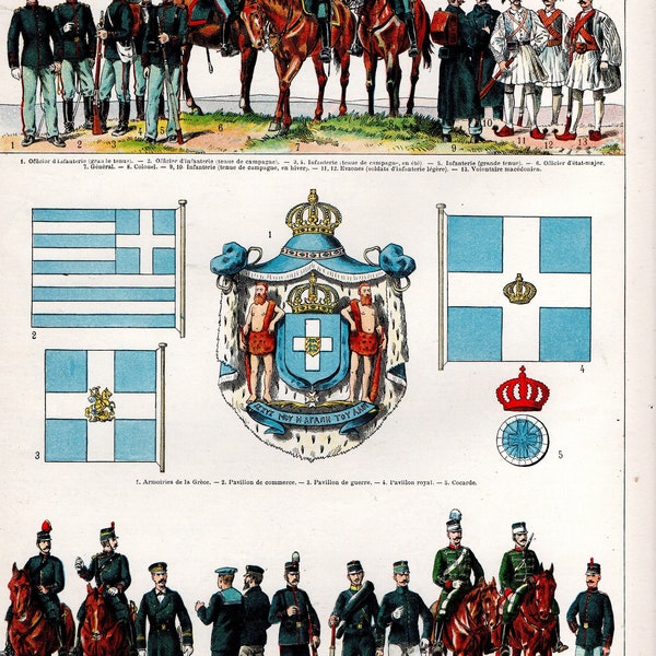 Original Vintage Full Colour French Larousse Print Lithograph showing Map of Greece Greek Military Uniforms, WW1 Flag 1897 Book Plate