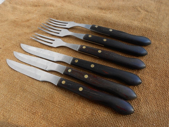Vintage Set of Six Stainless Steel and Plastic Steak Knives With