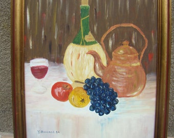 Belle nature morte traditionnelle vintage, huile sur toile, bouilloire en cuivre et Chianti des années 1984, signée Y Boccard, 40 x 61 cm