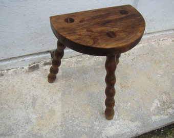 Vintage French 1950s Beautiful Solid Oak Wood French farm stool Traditional Milking Stool Half moon seat, wooden legs, vintage farmhouse