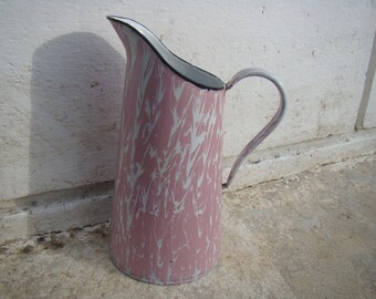 Vintage French Enamel Jug Beautiful Marbled Pink and White Coloured Decorative Finish Metal Jug From Around 1920s Traditional Rustic Kitchen