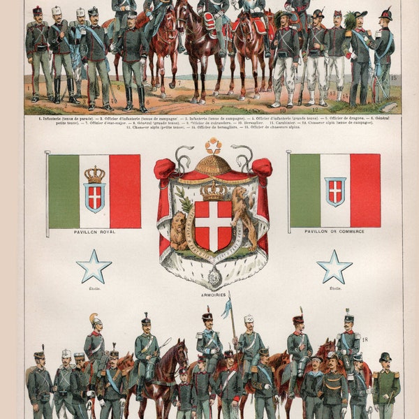 Original Vintage Full Colour French Larousse Print Lithograph showing Map of ITALY, Italian Military Uniforms, Italy Flag 1897 Book Plate