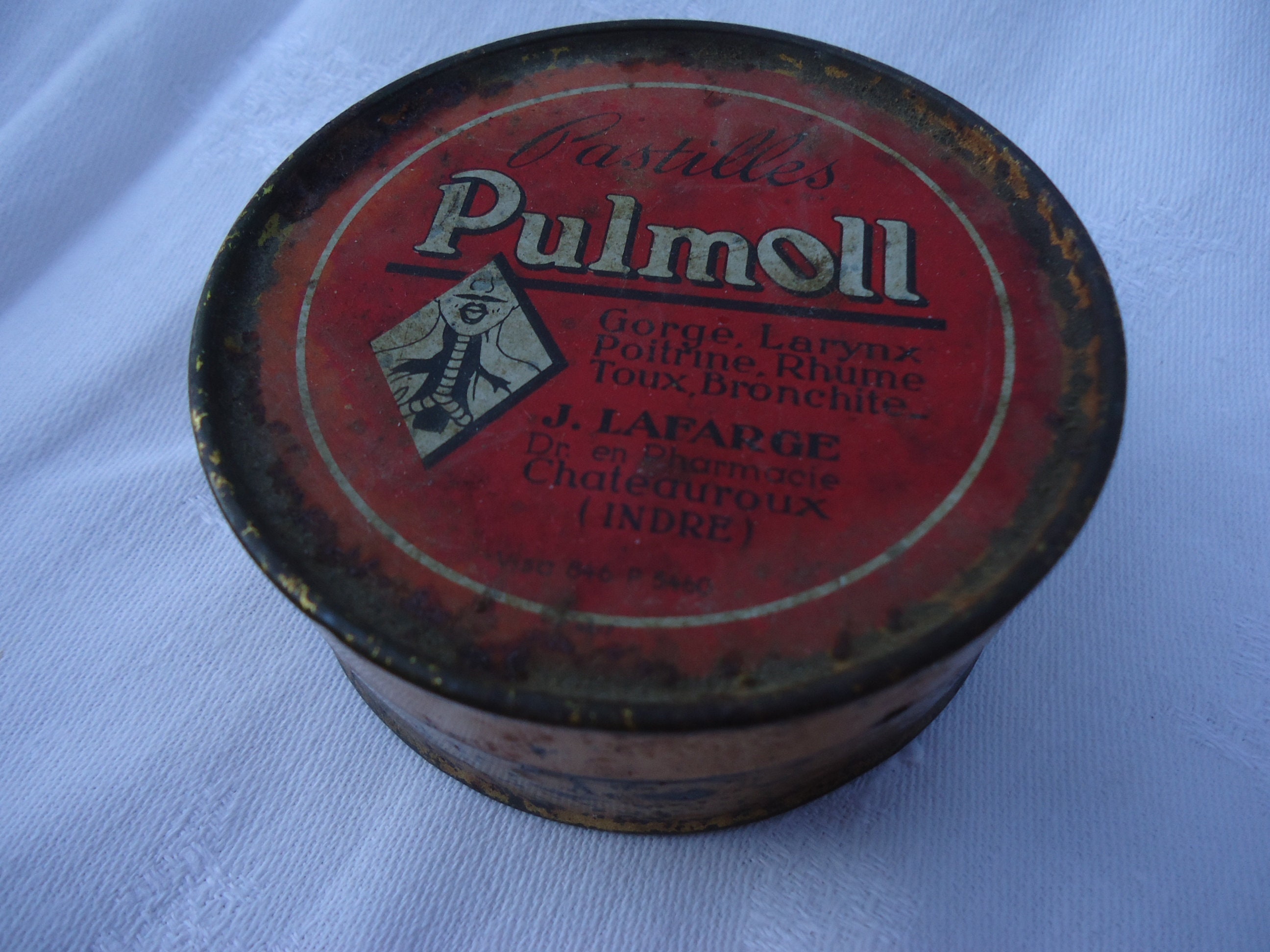 Vintage Français Original Chimistes Pharmacie Pilule Boîte en Étain Comprimés «Pastilles Pulmoll» Pa