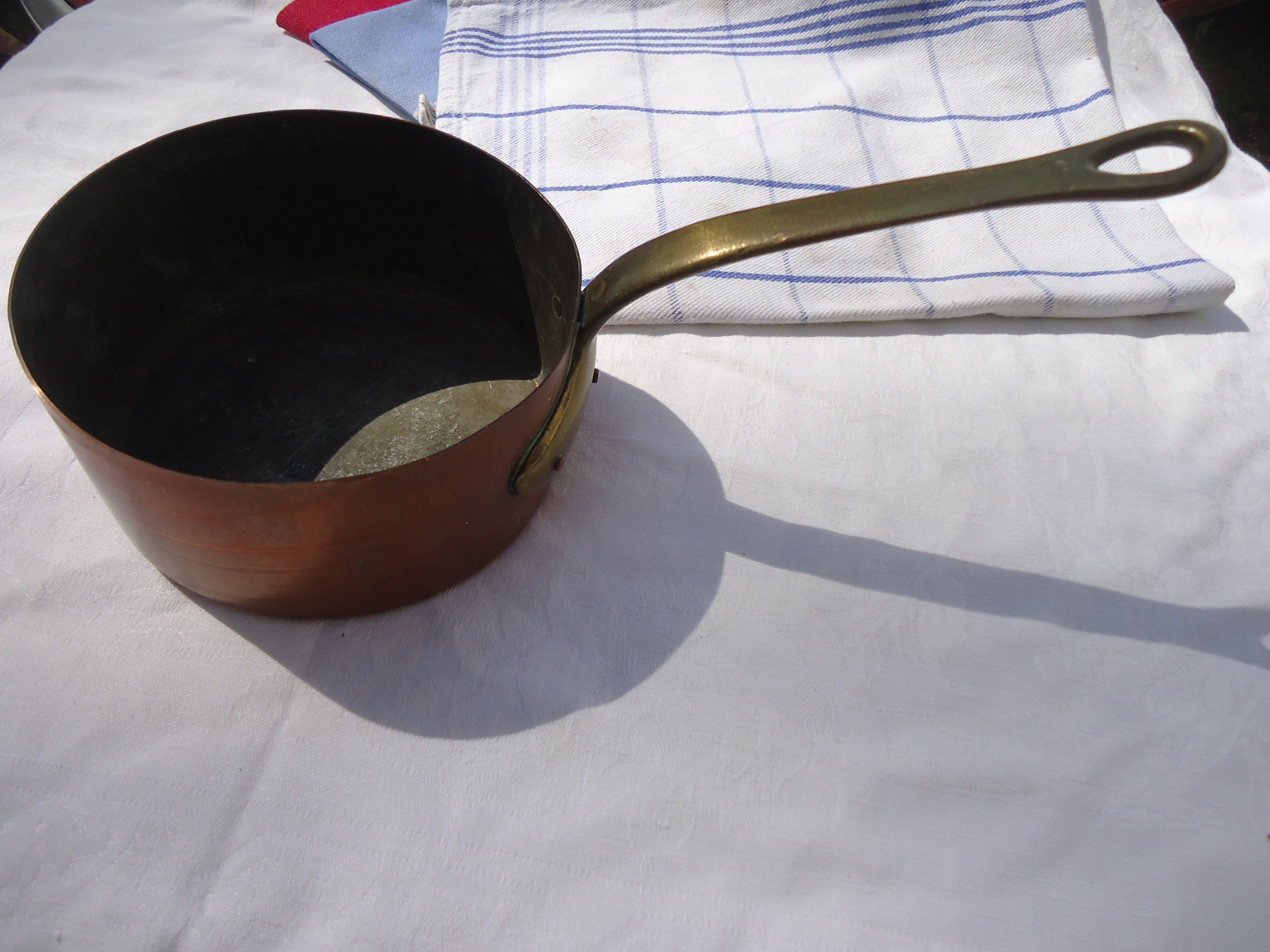 Copper Pan Vintage Français Copper Chefs Riveted Brass Tinned Liner 5.2 in Or 13.5 cm Diameter 1960S