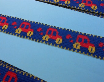 Français Tresse vintage colorée avec voitures rouges sur fond bleu 2 cm de large .8 pouces années 1970 NOS Rouleau complet de 25 verges COUPÉ à l’ordre Couture