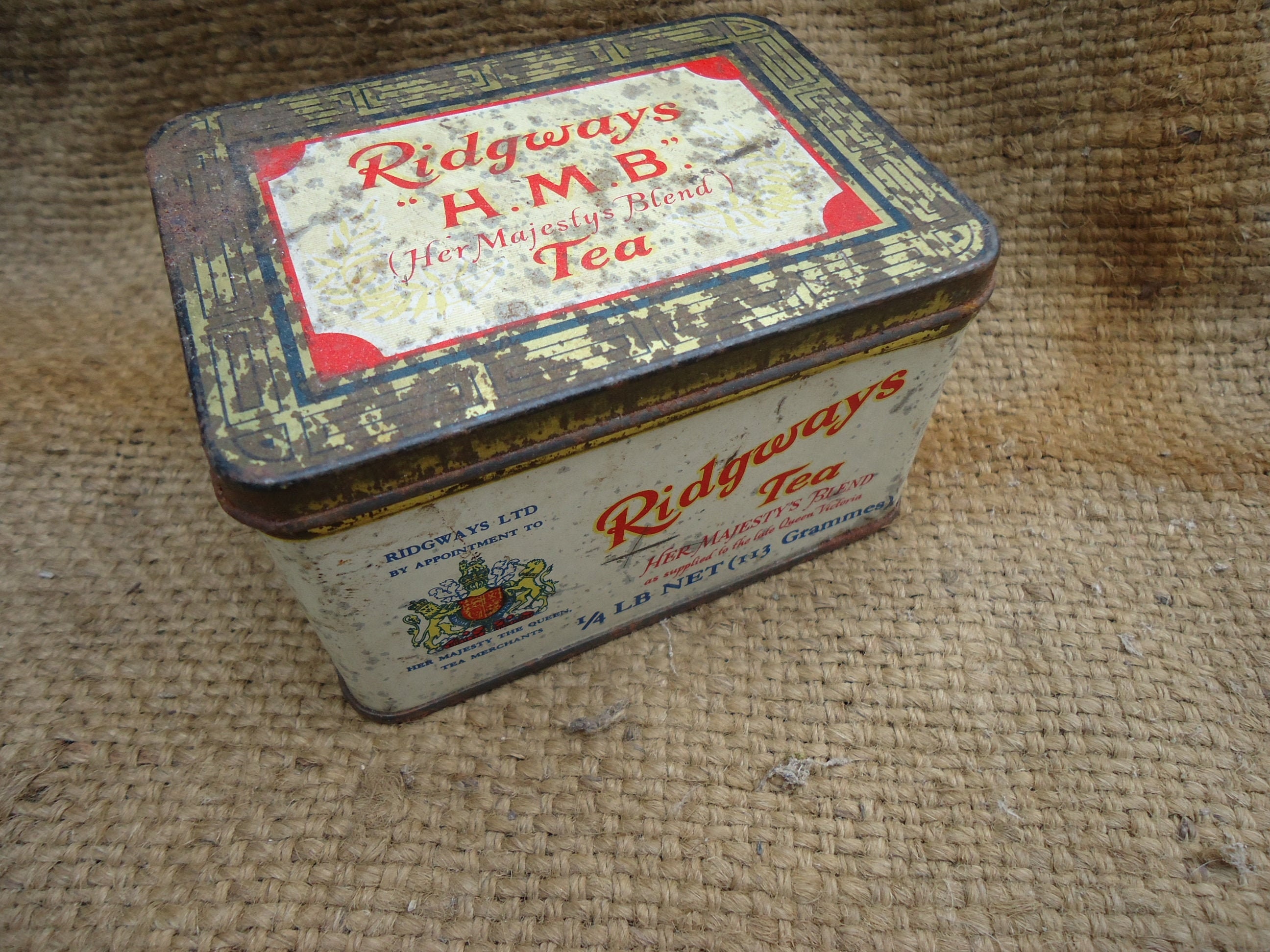 Tea Caddy Tin Vintage Anglais Hmb Ridgeway's Her Majesty's Blend 1920 Quarter Pound Français Kitchen
