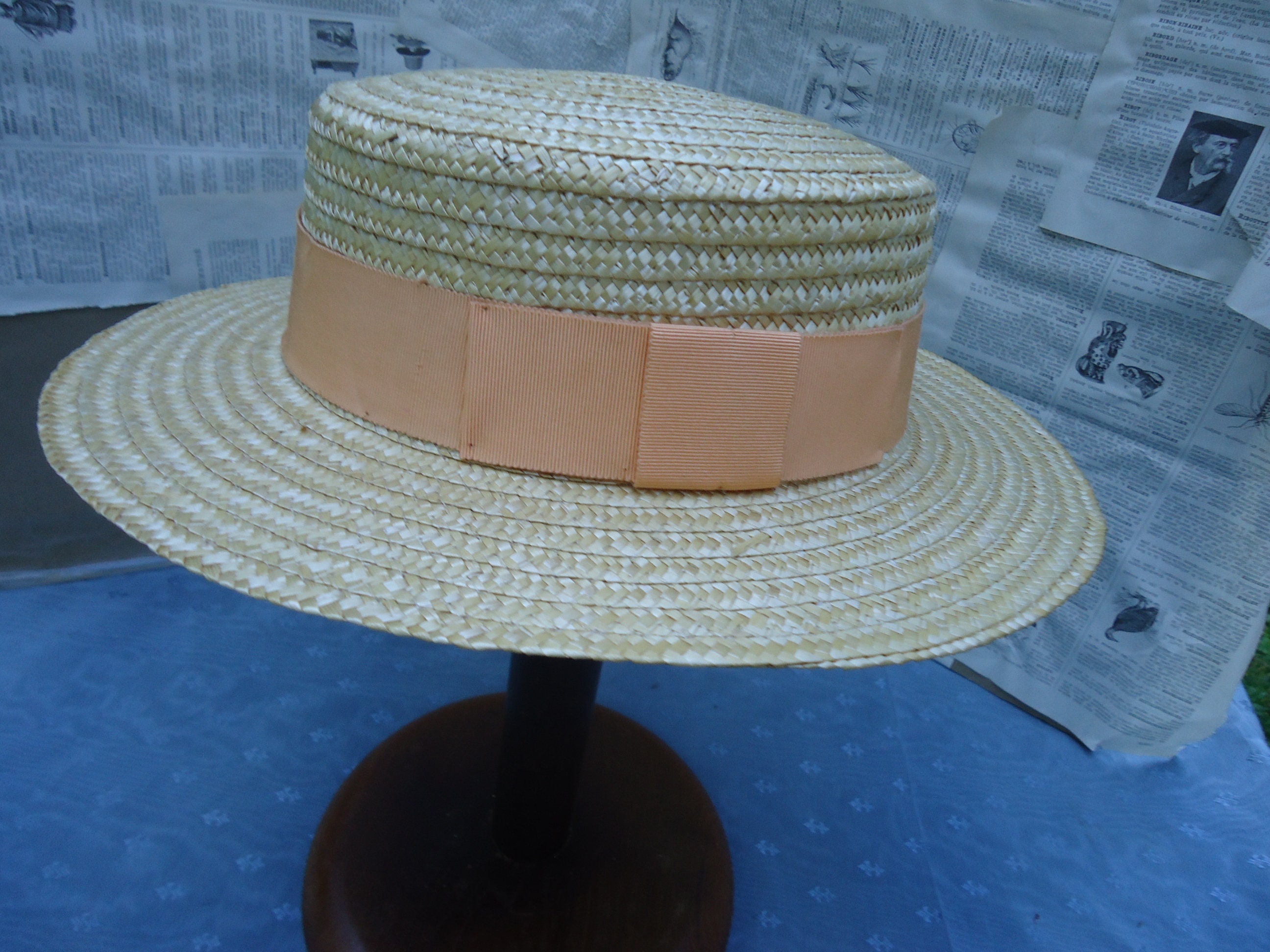 Hat Size 6 7 / 8 Vintage French Traditional Straw or Sennit Boater Hat Size 6 7 / 8 Vintage French Traditional Straw or Sennit Boater