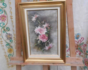 French Oil on Stretched Canvas Beautiful Painted Pink White Chrysanthemum Floral Vintage Still Life 1890s Very Good Gilt Frame 13 x 18 Inch