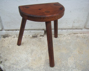 Vintage French 1950s Beautiful Solid Oak Wood French farm stool Traditional Milking Stool Half moon seat, wooden legs, vintage farmhouse