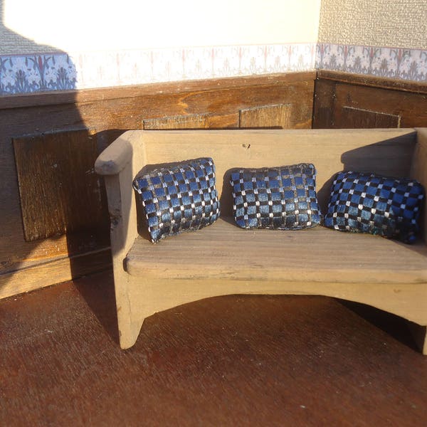Handmade Set of Three Rectangular Doll house Blue Thai Silk Cushions 1.12 Scale