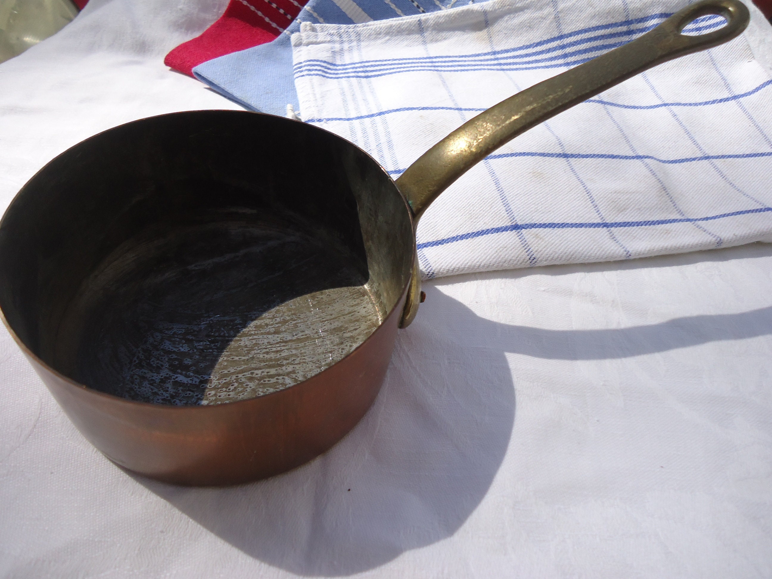 Copper Pan Vintage Français Copper Chefs Riveted Brass Tinned Liner 4.8 in Or 12cm Diameter 1960S Tr